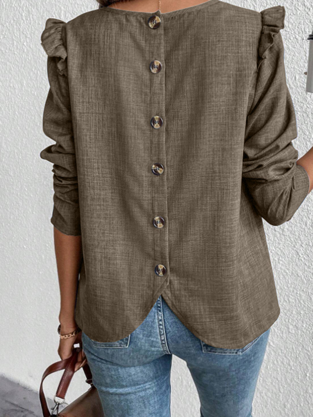 Women's blouse with ruffled sleeves and decorative buttons Lune London