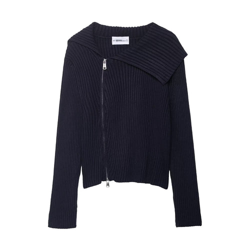 Ladies stylish knit sweater with asymmetrical collar and zipper Lune London