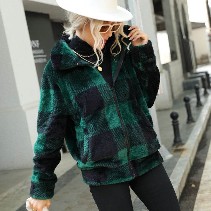 Women’s plush hooded jacket with a trendy checkered pattern and practical zip pockets Lune London