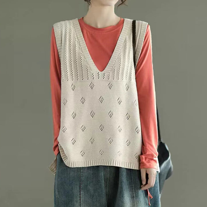 Knitted vest for women with V-neck and airy lace pattern Lune London