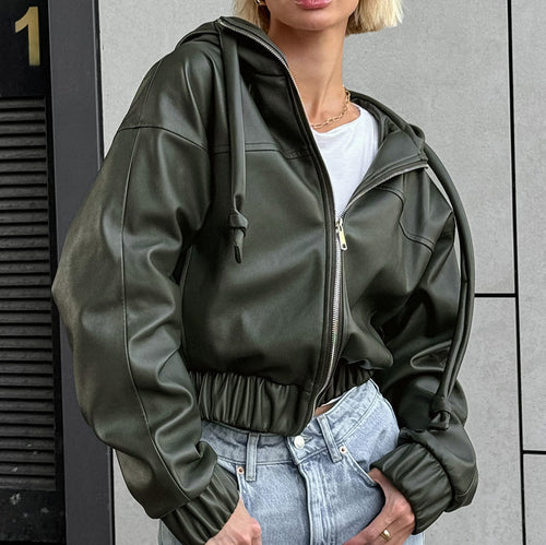 Trendy faux leather jacket for women with hood and elastic belt Lune London