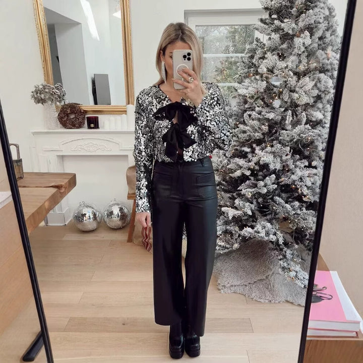 Elegant evening jacket in Lurex for women with ruffles and pretty bows Lune London