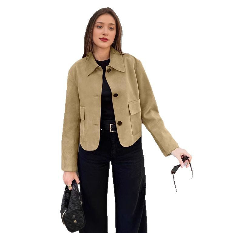 Suede jacket for women with modern button details and applied pockets Lune London
