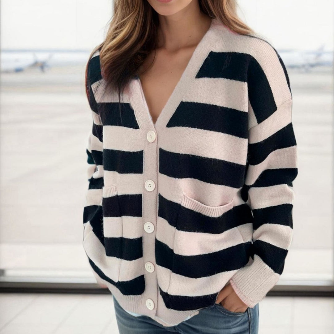 Ladies Casual Knit Vest with Deep V Neck and Striped Pattern Lune London