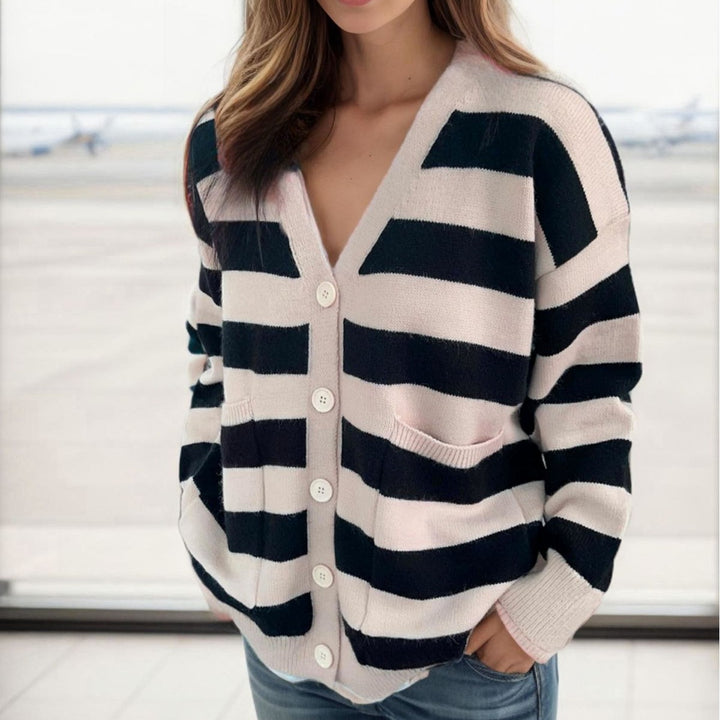 Ladies Casual Knit Vest with Deep V Neck and Striped Pattern Lune London