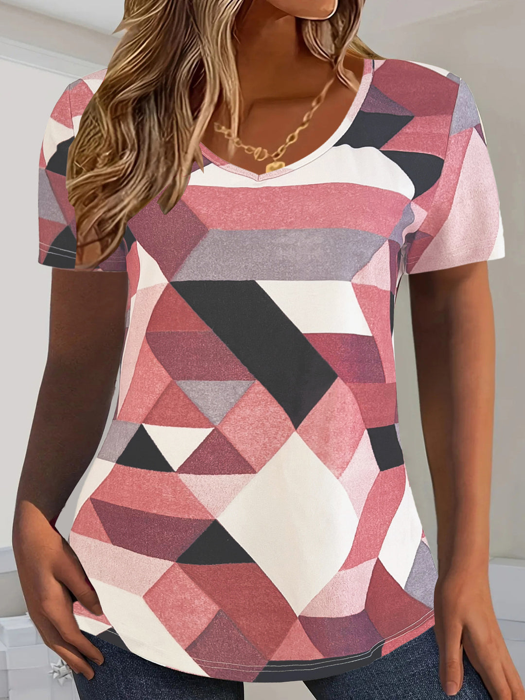 Women's V-neck t-shirt with geometric pattern and soft material Lune London