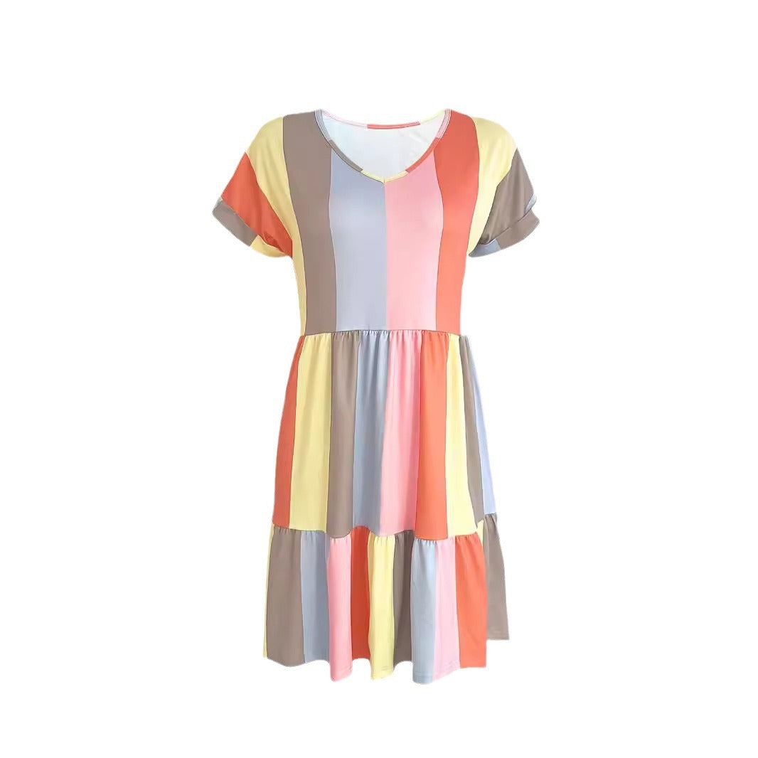 Casual summer dress for women with a modern striped design, featuring a V-neck and ruffles Lune London