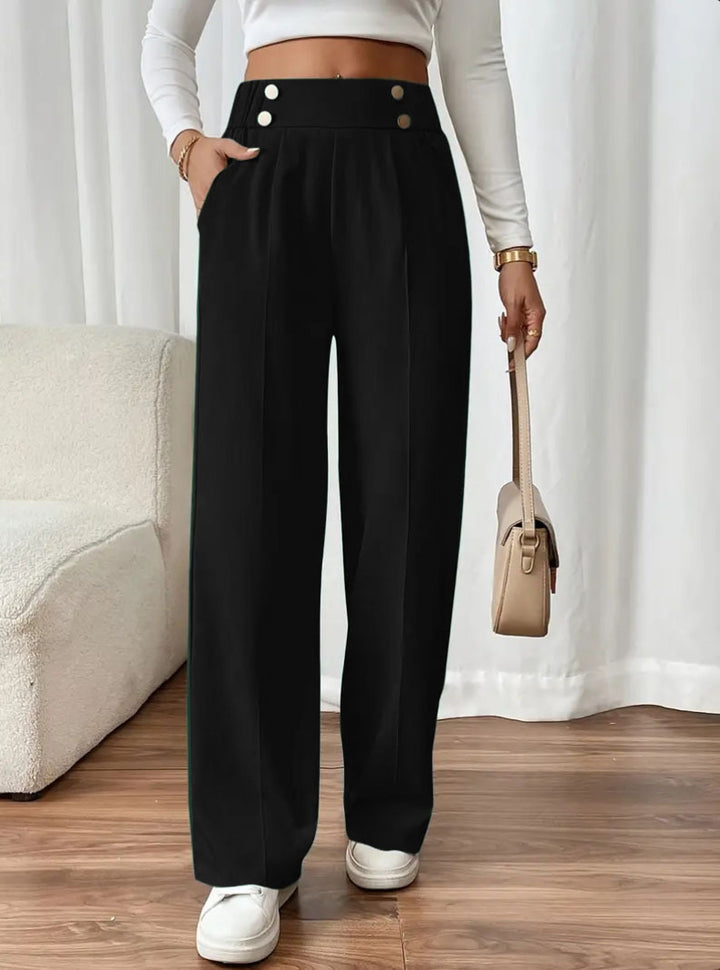 High-waisted flared pants for women with elegant button details Lune London