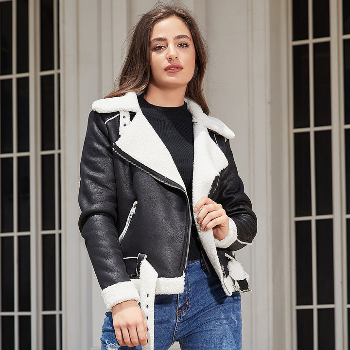 Sheepskin jacket for women with asymmetric zipper and belted waist Lune London