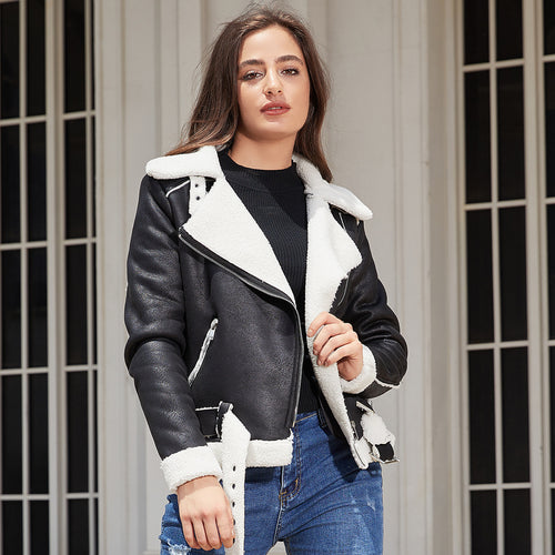Sheepskin jacket for women with asymmetric zipper and belted waist Lune London