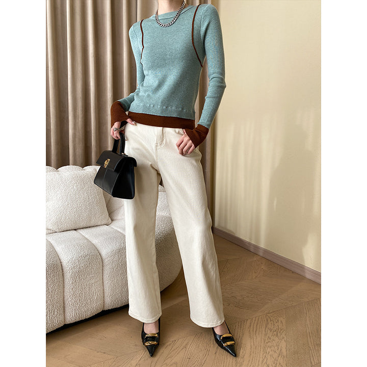 Ladies elegant round neck sweater with contrasting sleeves and fine ribbed texture Chic & Stil