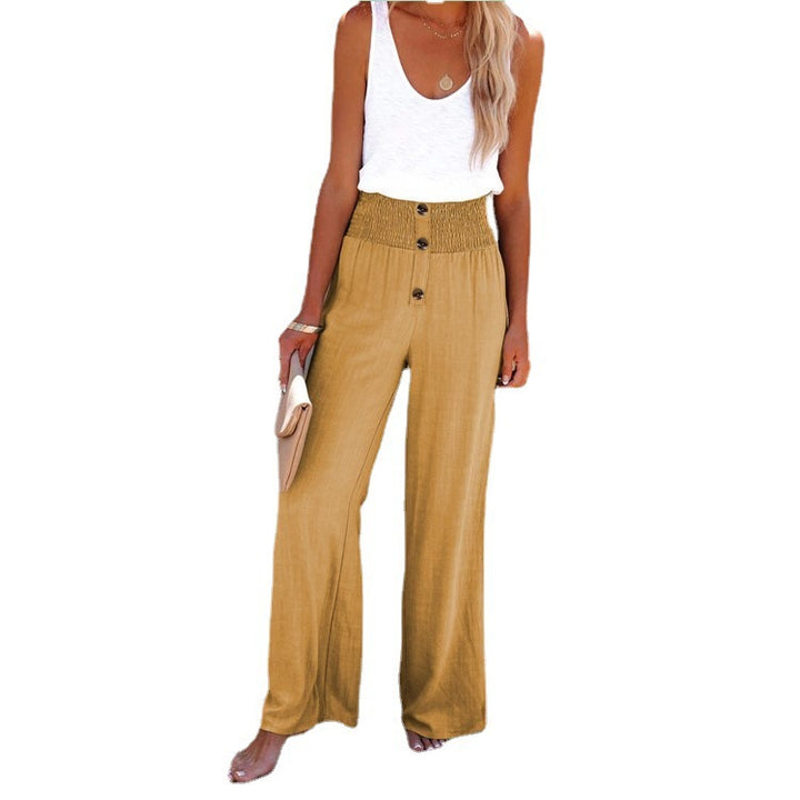 Lune London Women's Wide Palazzo Pants with Button Detail and Elastic Waist