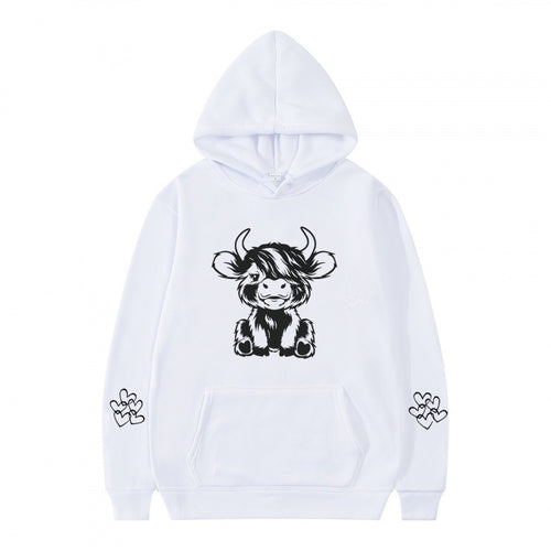 Women's hooded sweatshirt with charming cow motif and practical kangaroo pockets Lune London