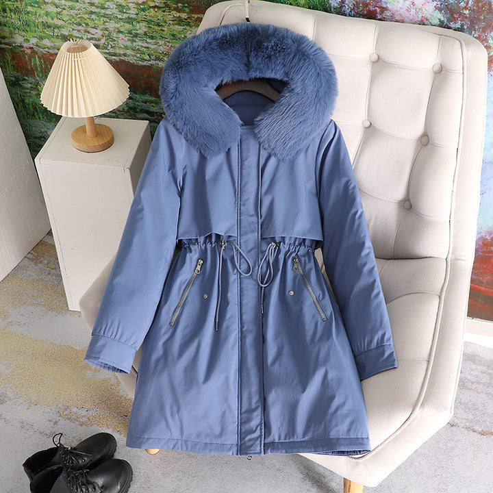 Ladies elegant winter coat with removable faux fur collar and adjustable drawstring at the waist Lune London
