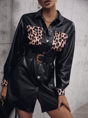 Shirt dress in faux leather for women with animal print and adjustable belt Lune London