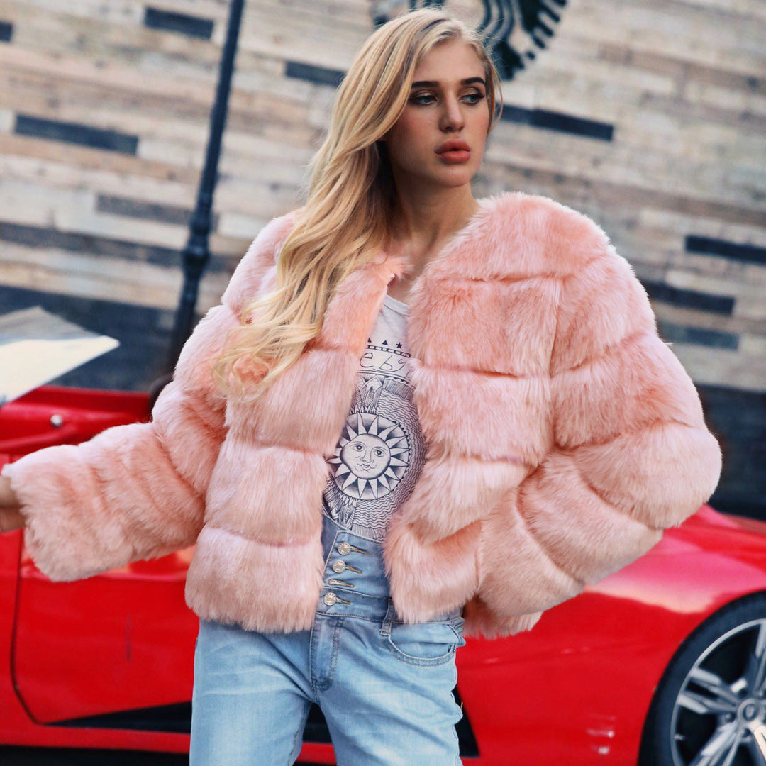 Women's Fluffy Faux Fur Jacket with Voluminous Sleeves and Elegant Cut Lune London