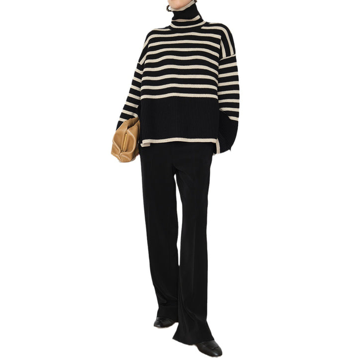 Ladies casual knit sweater with stripes and high collar Lune London