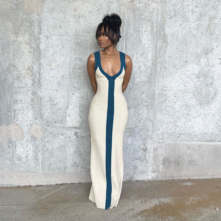 Elegant maxi dress for women with deep V-neck and contrasting stripe Lune London