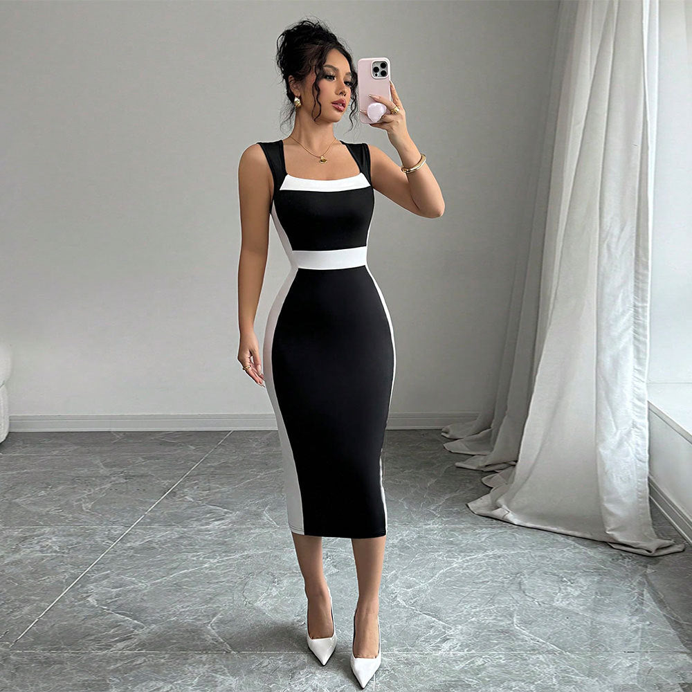 Robe midi ajustée pour femme avec coupe tendance contrastante et bretelles fines Chic & Stil