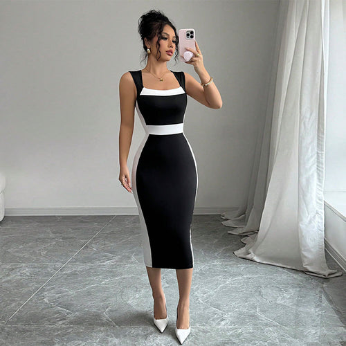 Robe midi ajustée pour femme avec coupe tendance contrastante et bretelles fines Chic & Stil