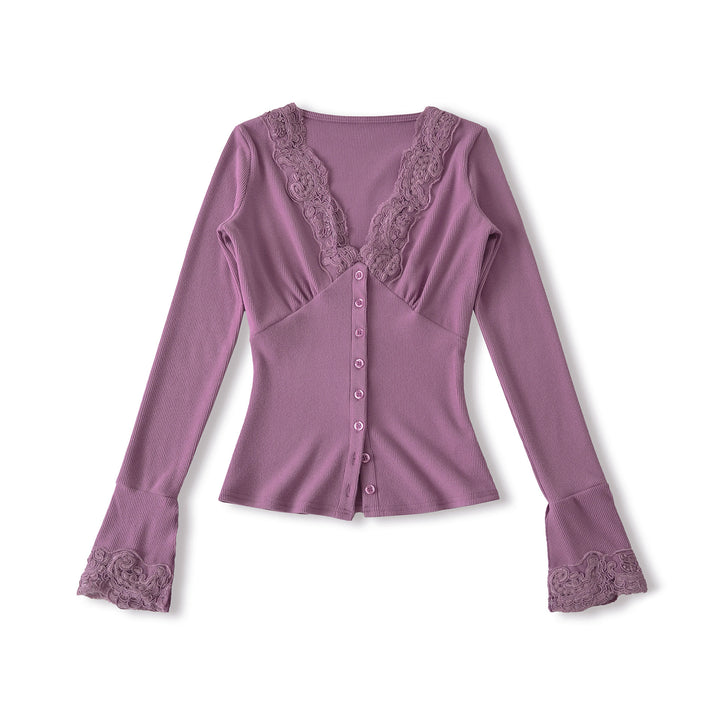 Women's long sleeve t-shirt with feminine lace collar and button detail Lune London