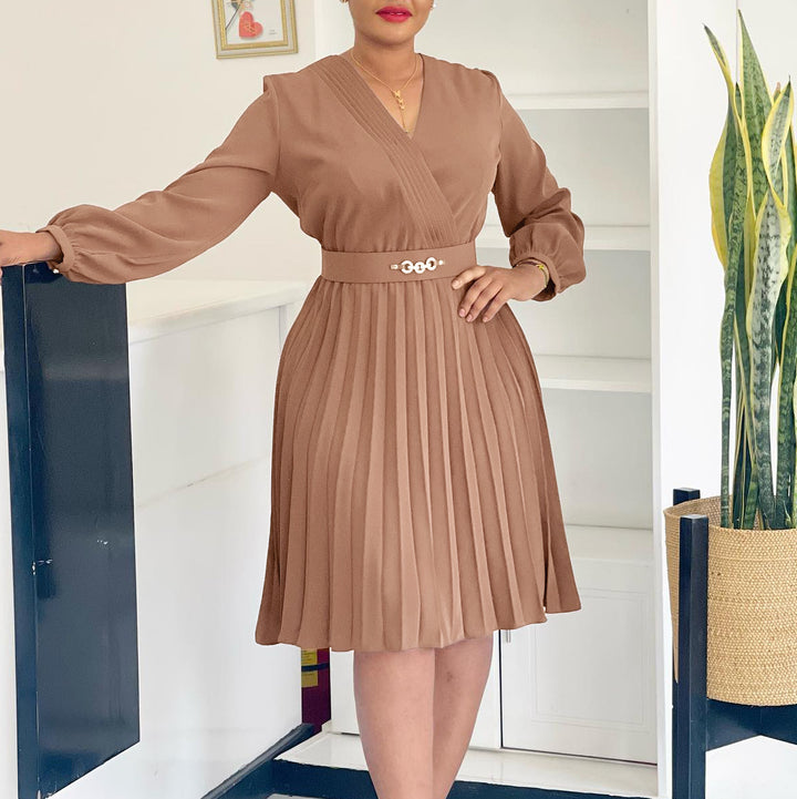 Pleated wrap dress for women with belt and elegant brooch Lune London