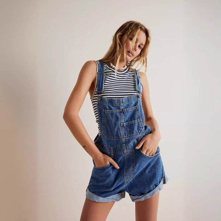 Women's Casual Denim Overalls Shorts with Functional Pockets and Adjustable Straps Lune London