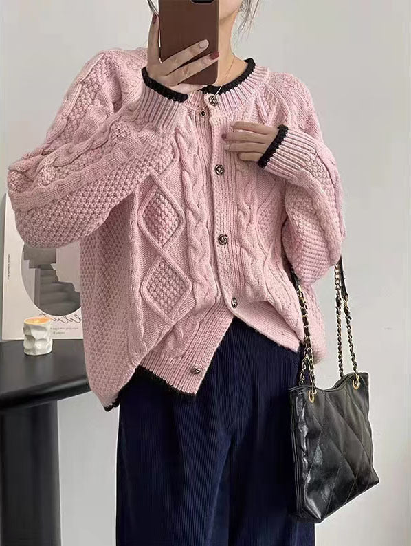 Thick knit women’s jacket with cable pattern and decorative buttons Lune London