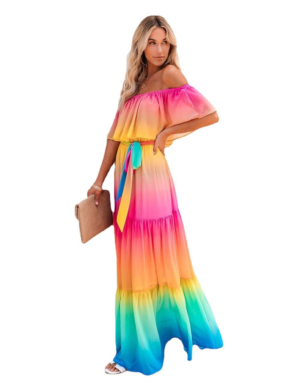 Lune London off-shoulder maxi dress for women with layered hem