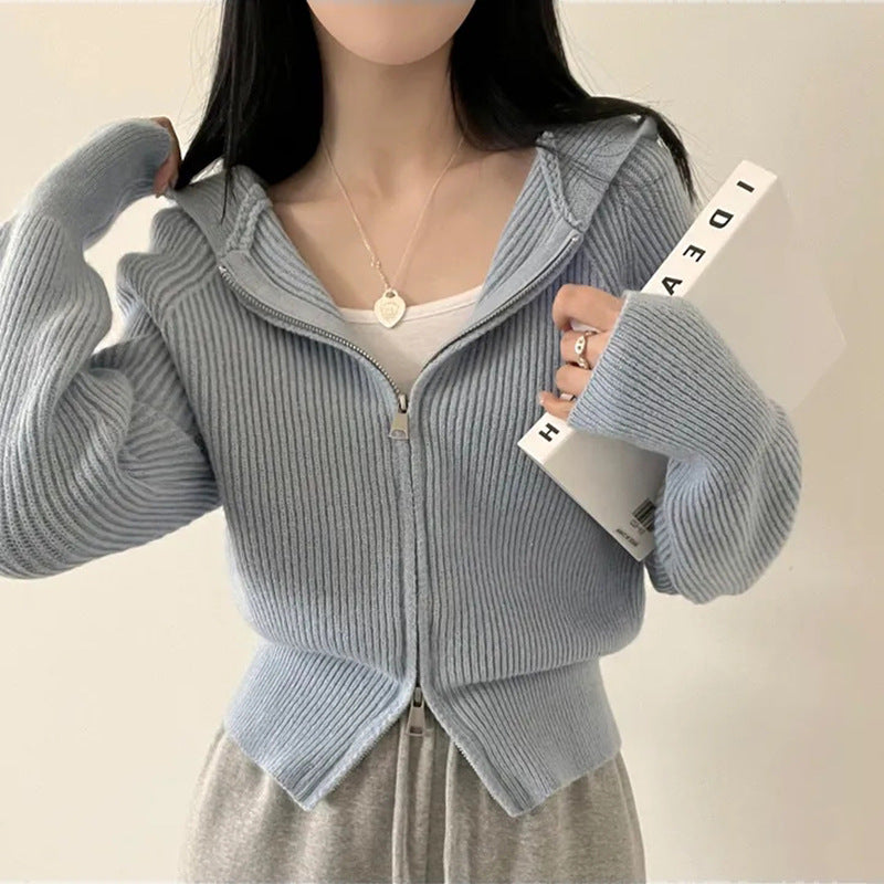 Ladies casual knit jacket with hood and zipper Lune London
