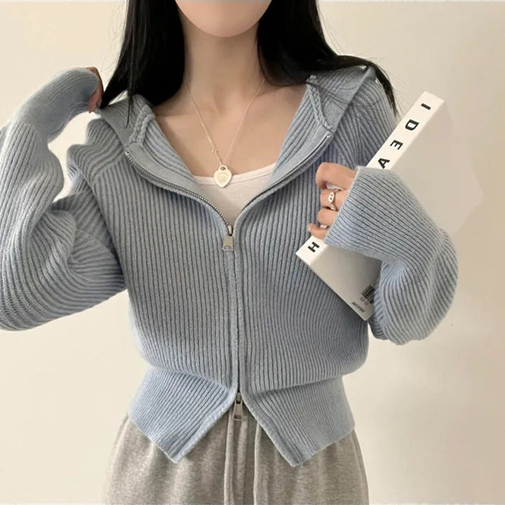 Ladies casual knit jacket with hood and zipper Lune London
