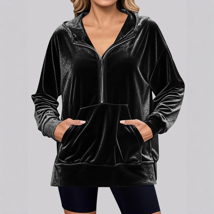 Velvet jumper for women with high collar and practical pockets Lune London
