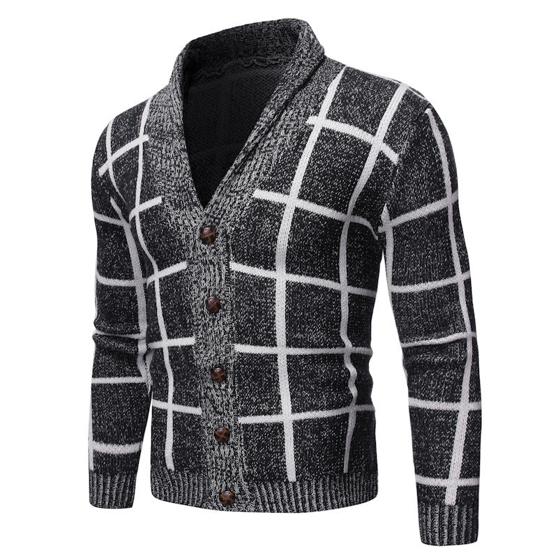 Men's knitted V-neck jacket with a modern plaid pattern Lune London
