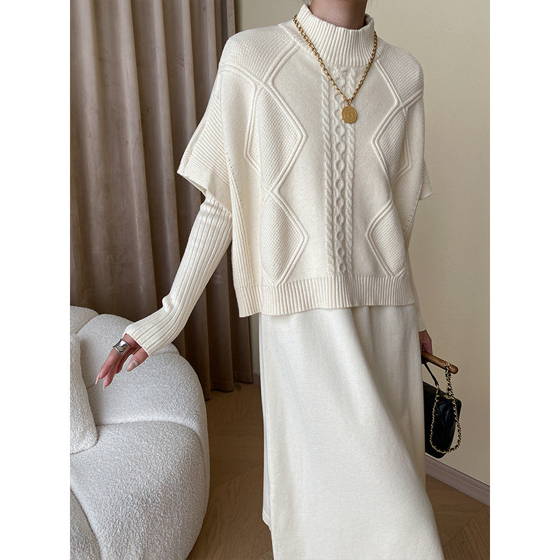 Women's Stylish Knit Top with High Neck and Decorative Cable Pattern