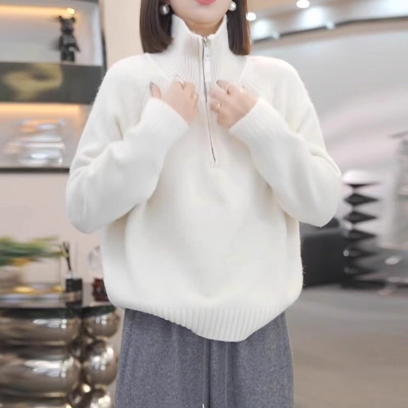 Knit sweater for women with high collar and practical zipper Lune London