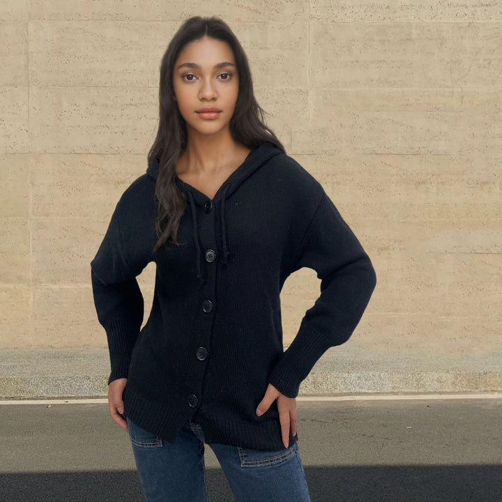 Casual knit cardigan for women with hood and large buttons Lune London