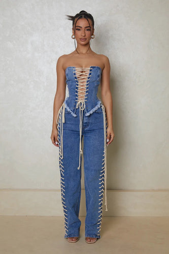 Ladies corset top with casual denim pants and innovative lacing design Lune London