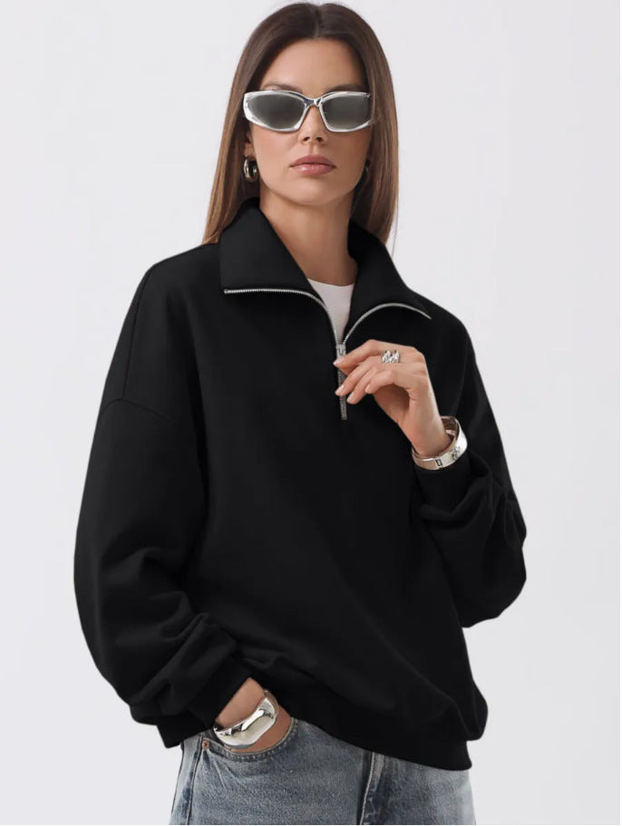 Sporty high collar sweater for women with short zipper Lune London