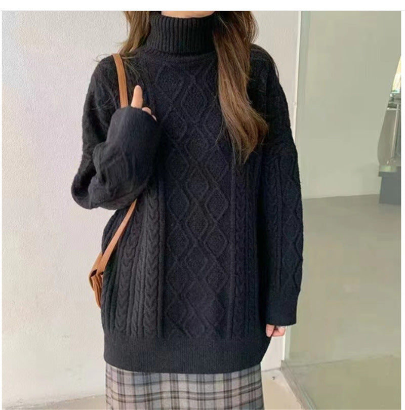 Chunky knit sweater for women with high collar and cable pattern Lune London