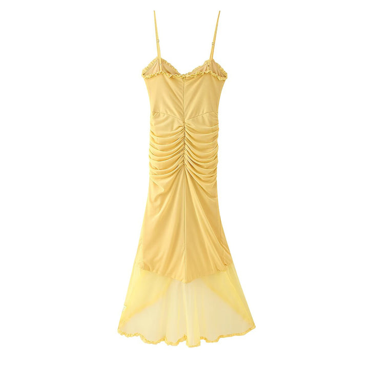 Women's maxi dress with an elegant ruffle design and artistic draping Lune London