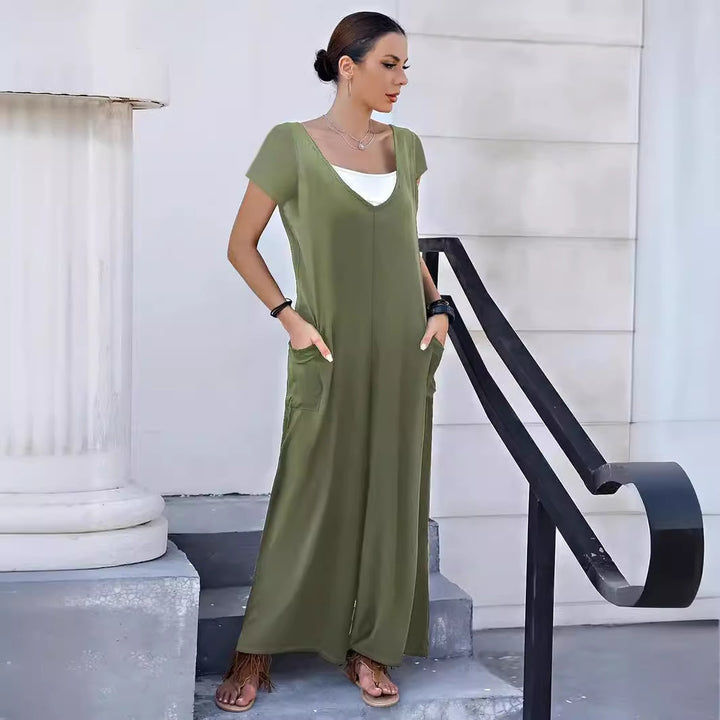 Fluid jumpsuit for women with practical pockets and V-neck Lune London