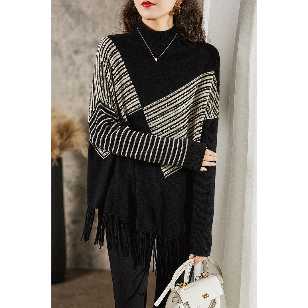 Pull surdimensionné pour femmes avec motif rayé graphique et franges Chic & Stil
