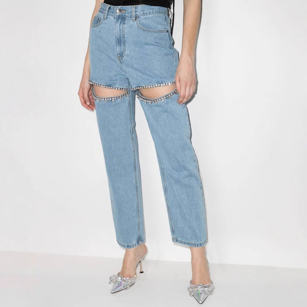 Women's Jeans with Decorative Cut-Outs and Rhinestone Embellishments Lune London