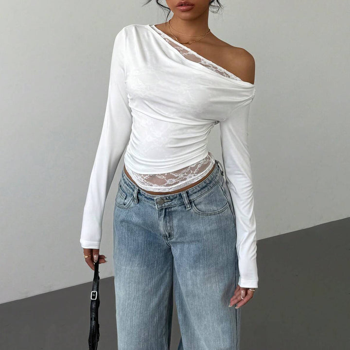Casual long-sleeve t-shirt for women with asymmetric neckline and transparent details Lune London