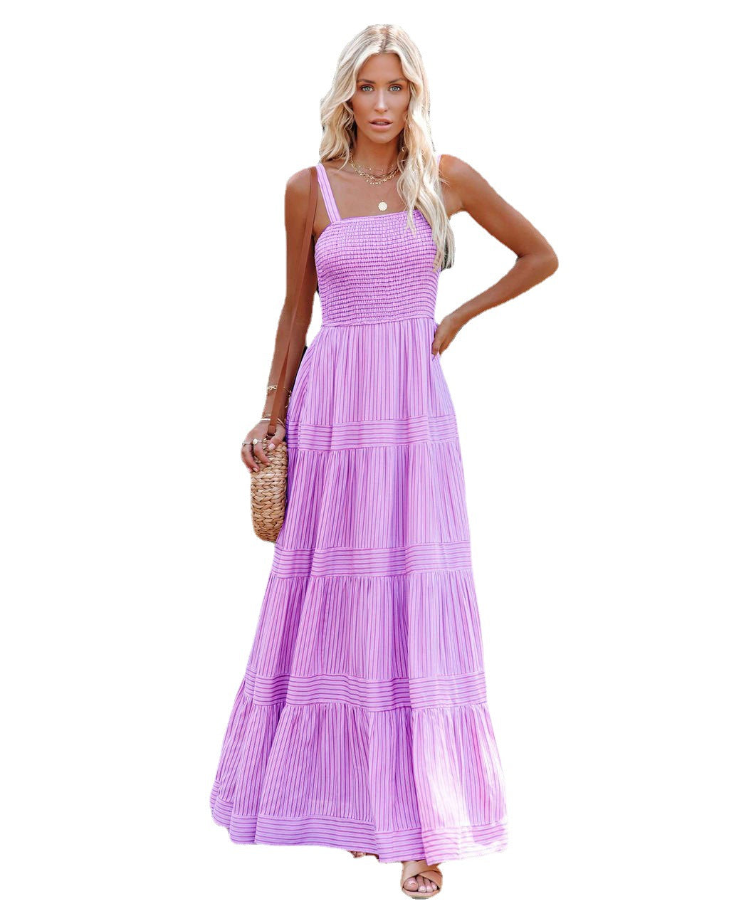 Long maxi dress for women, slightly flared, with gathers and spaghetti straps Chic & Stil