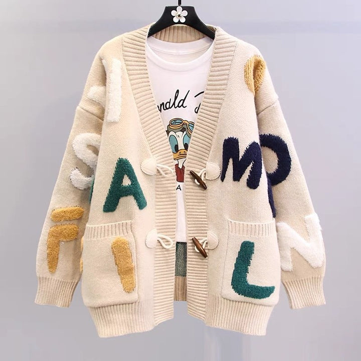 Thick knit cardigan for women with creative applications and large pockets Lune London