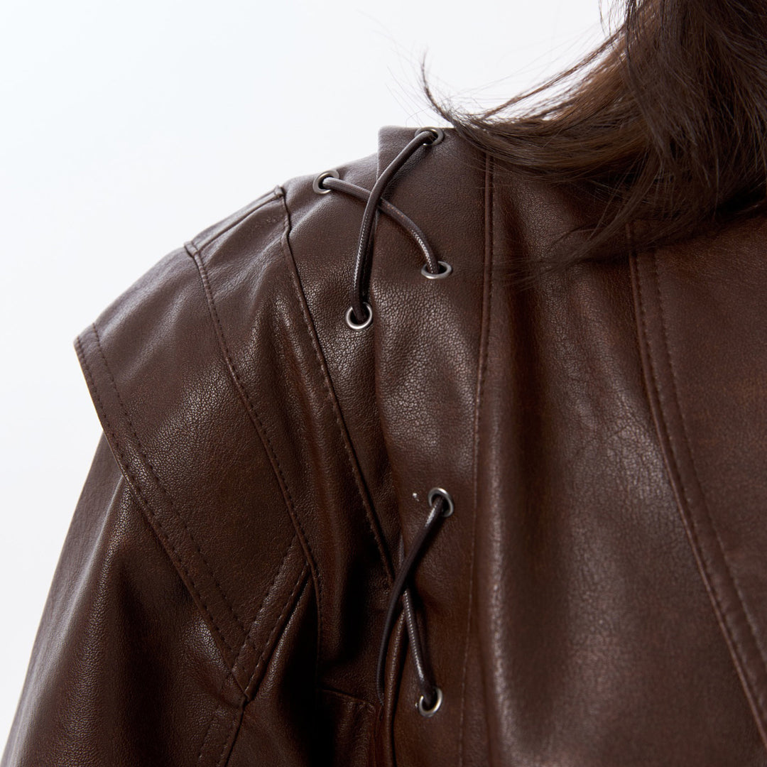 Elegant leather blazer for women with a fitted cut and unique tie belts Lune London