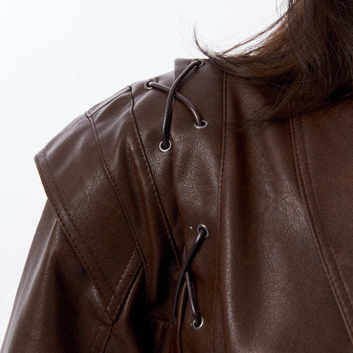 Elegant leather blazer for women with a fitted cut and unique tie belts Lune London