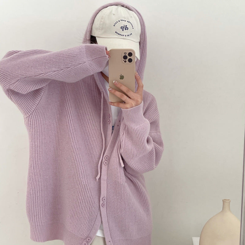 Casual knitted jacket for women with hood and button details Lune London