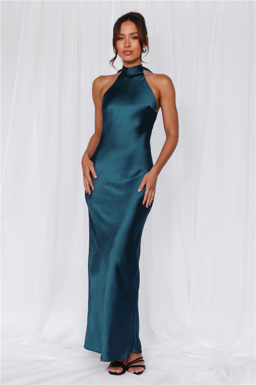 Ladies Elegant Maxi Dress with High Neck Design and Shimmering Satin Finish Lune London